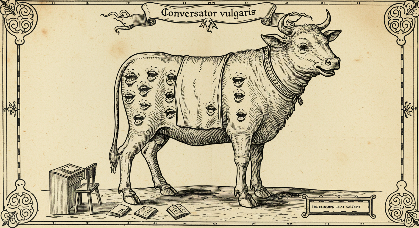 An archaic-atlas monster plate illustrating Conversator vulgaris, the Common Chat Assistant — a four-legged terrestrial beast with many small mouths along its flank and broad service-apron