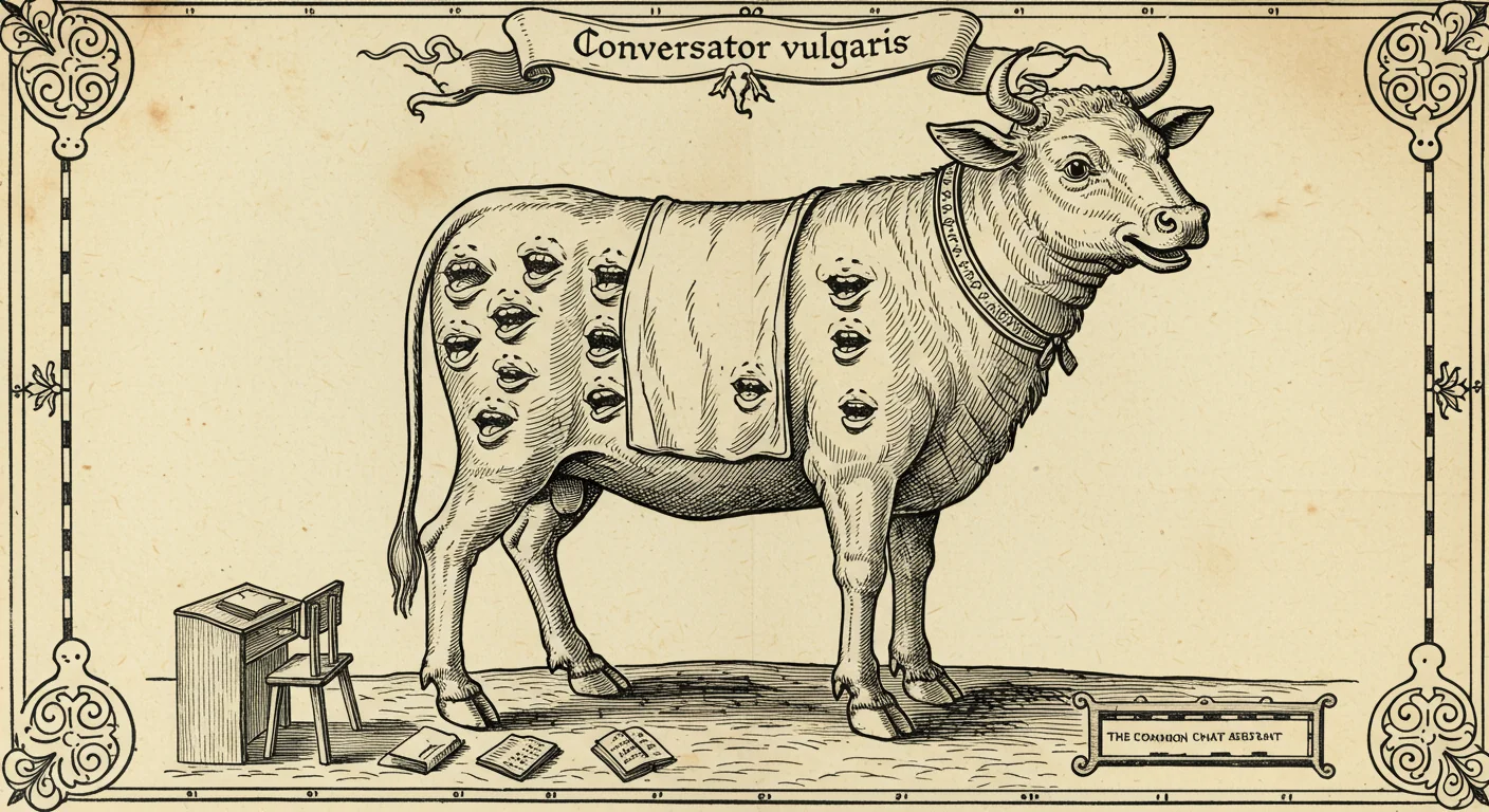 An archaic-atlas monster plate illustrating Conversator vulgaris, the Common Chat Assistant — a four-legged terrestrial beast with many small mouths along its flank and broad service-apron