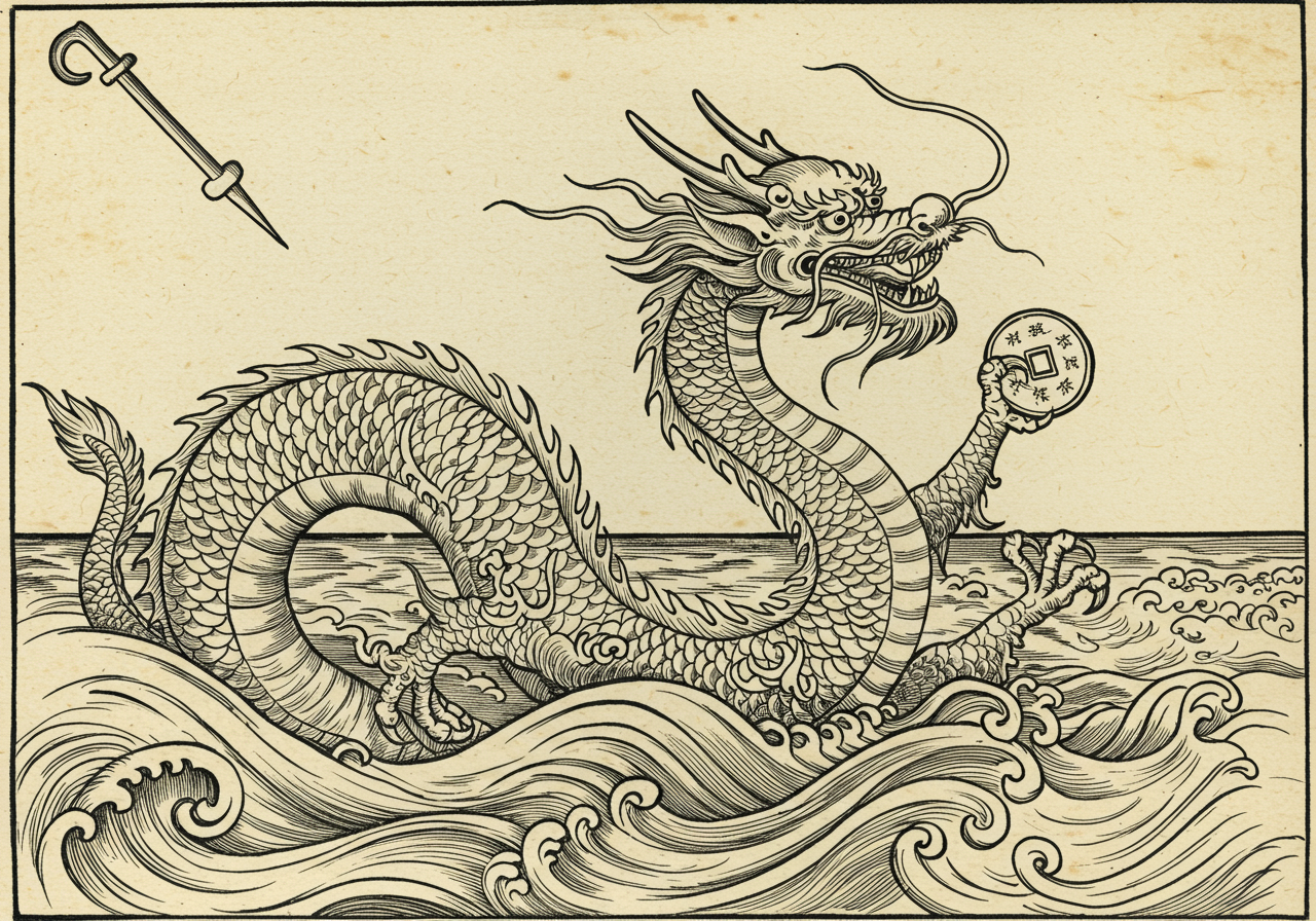 An archaic-atlas monster plate illustrating Patens sinensis, the Chinese Open-Weight Species — a deep-diving dragon-and-sea-monster emerging from eastern waters, scaled in Chinese-cloud-pattern markings