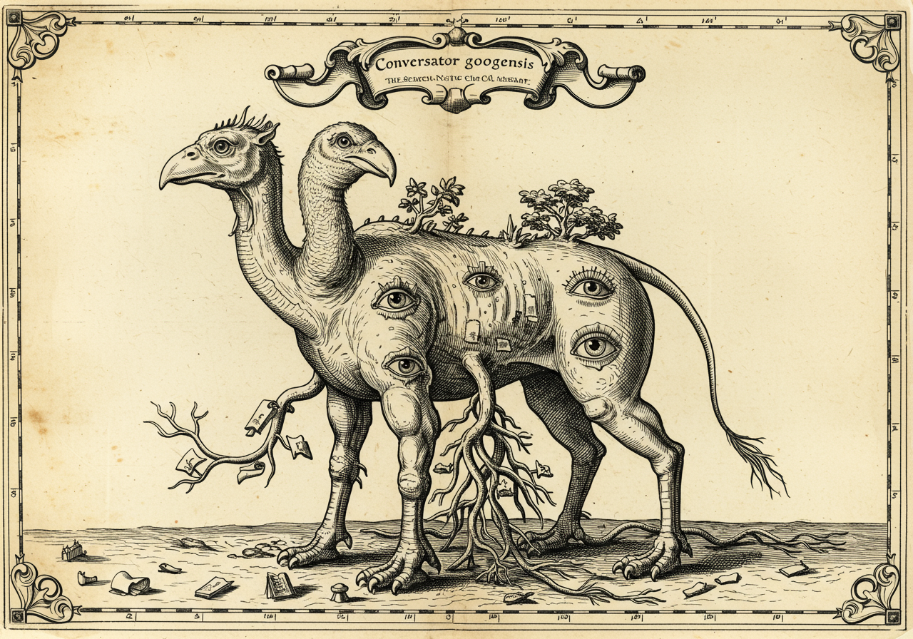 An archaic-atlas monster plate illustrating Conversator googlensis, the Search-Native Chat Assistant — a chimerical two-headed beast with eyes facing several directions and search-engine roots