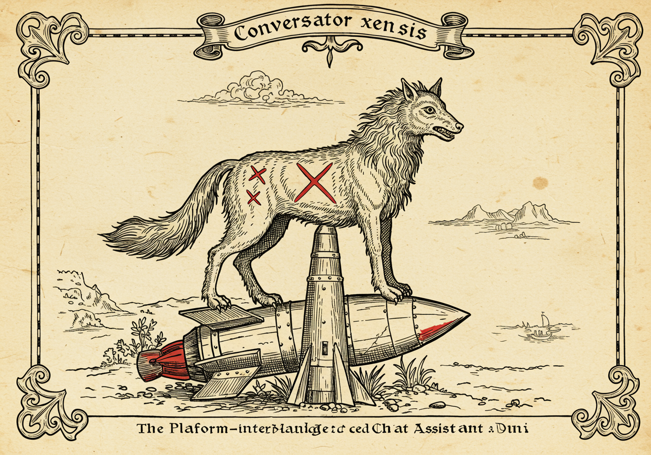 An archaic-atlas monster plate illustrating Conversator xensis, the Platform-Integrated Chat Assistant — a wild unrestrained creature with an X-shaped flank-marking, mounted on a rocket-column