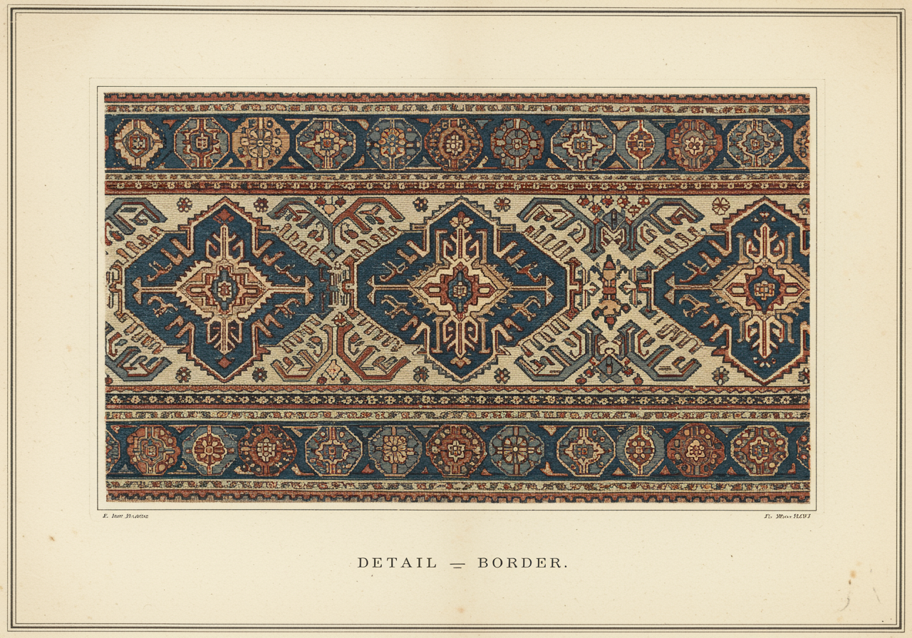 A close detail of a Bakshaish main border — large-scale stepped polygons or botehs at village-loom register