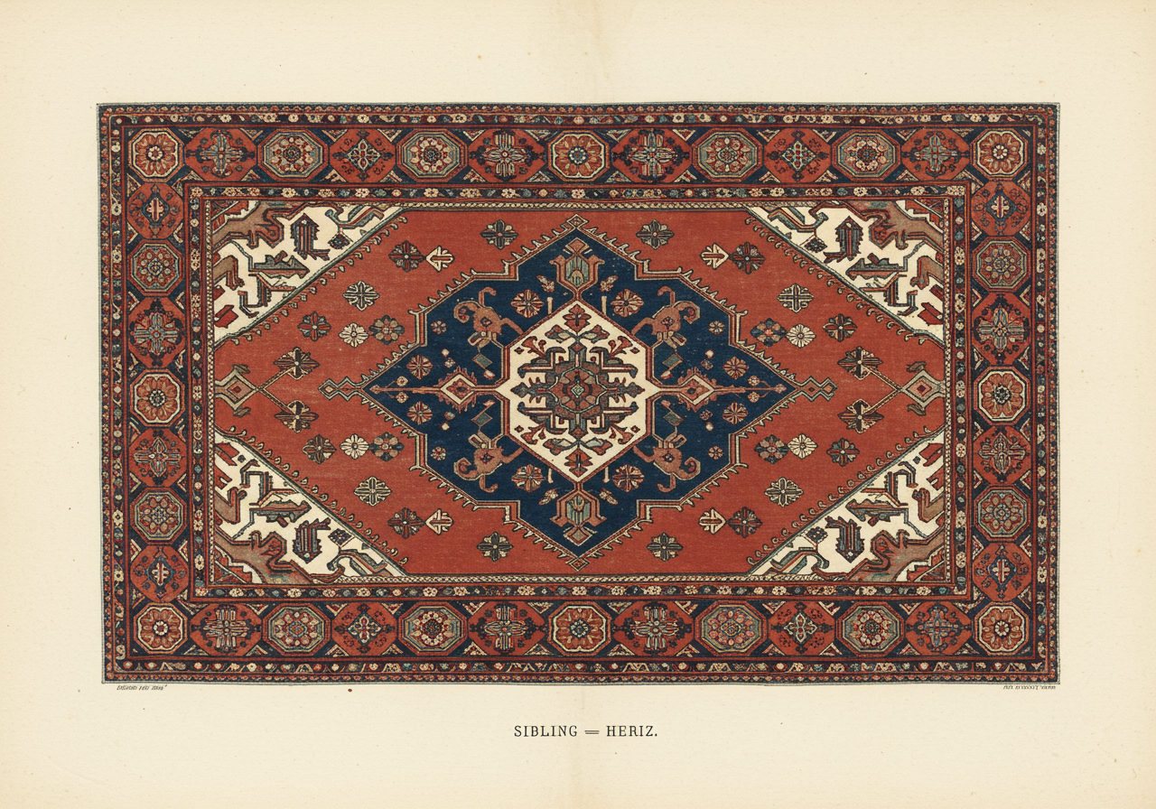 A commercial Heriz rug of the 1890s — tightened medallion at smaller scale, saturated brick-red field, higher knot density, the regularised export-market version of the Bakshaish vocabulary