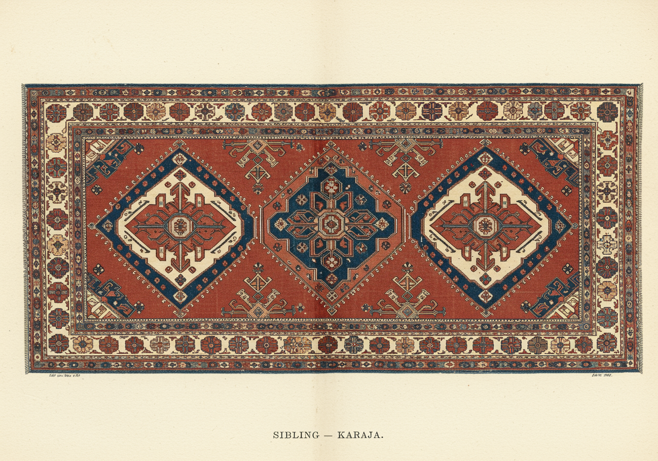 A Karaja rug — the neighbouring village on the Sahand slope, characterised by a three-medallion vertical-stack composition rather than the single large medallion of Bakshaish