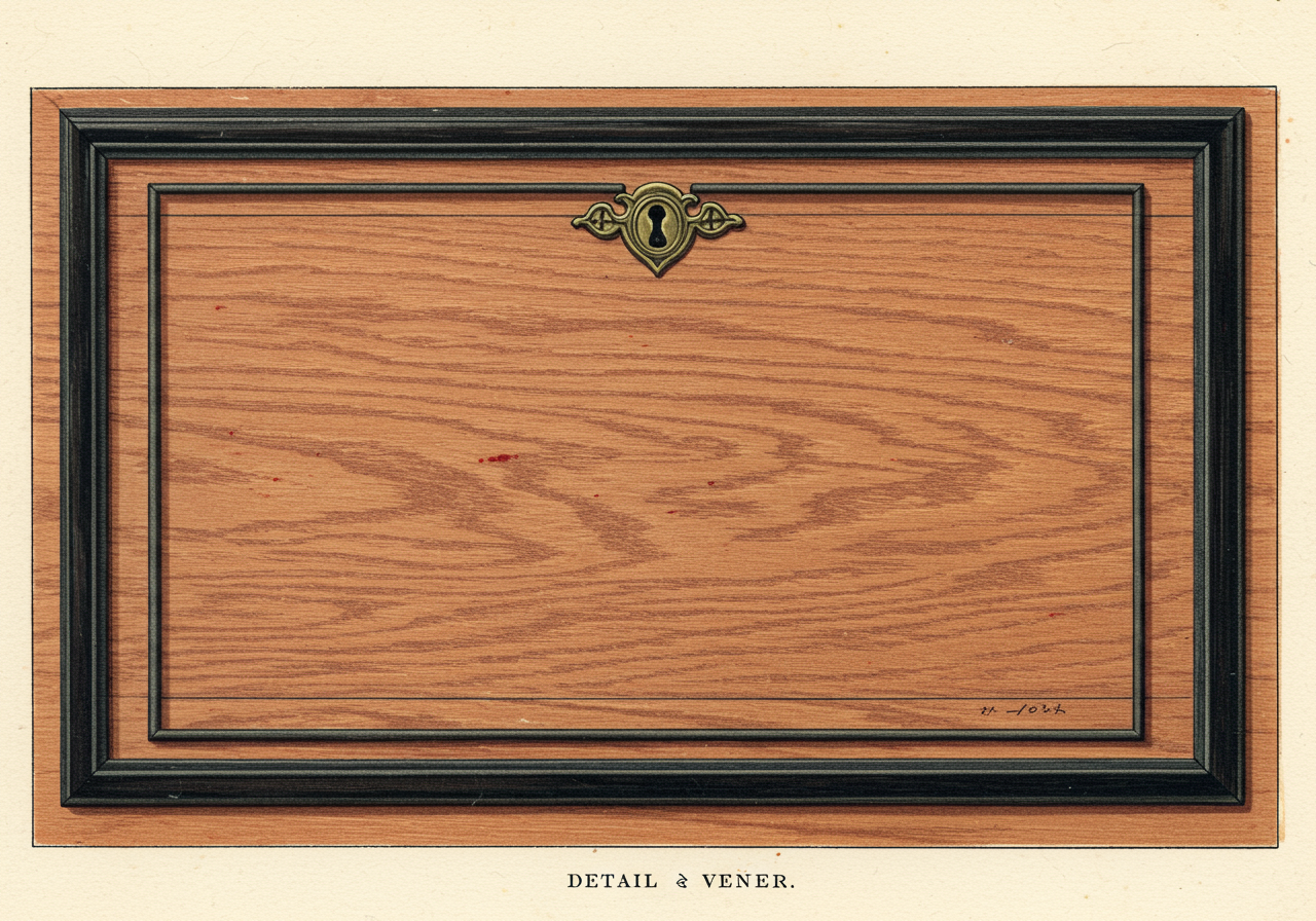 A close detail of Biedermeier cherry-wood veneer — pale golden timber with the characteristic narrow figured grain, framed by narrow ebonized banding