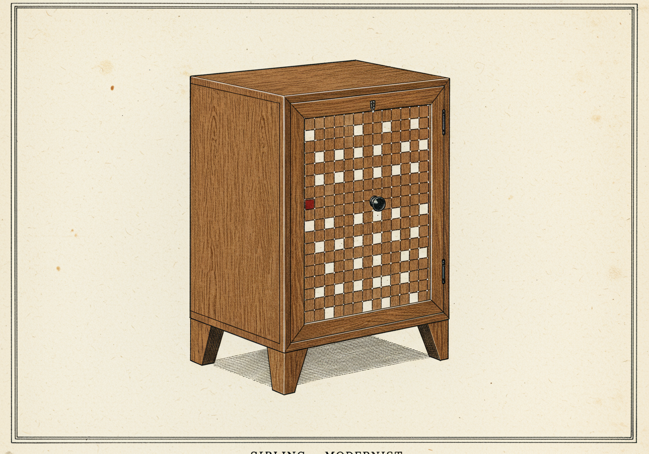 An early-twentieth-century Wiener Werkstätte / Josef Hoffmann piece in stained beech with grid-patterned panels, extreme geometric restraint, the modernist descendant that named Biedermeier as its precedent