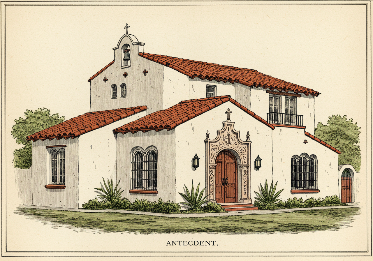 A Spanish Colonial Revival house of the 1920s — the inter-war upper-middle commission with white stucco, terracotta tile roof, ornate carved entrance, that the California Ranch domesticated into mass-market form