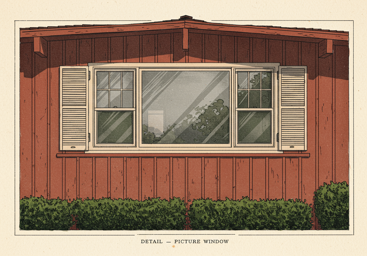 A close detail of a California Ranch picture window — a single large fixed pane of plate glass flanked by smaller operable casement windows, set into a stretch of board-and-batten wall, with broad eaves above and a low planted border below
