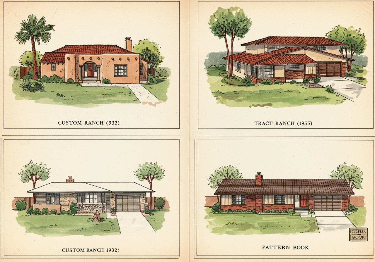 A page from Cliff May's 1946 Western Ranch Houses pattern book — floor plans and elevations of the canonical custom Ranch alongside a simplified post-war tract Ranch, illustrating the from-custom-to-tract translation