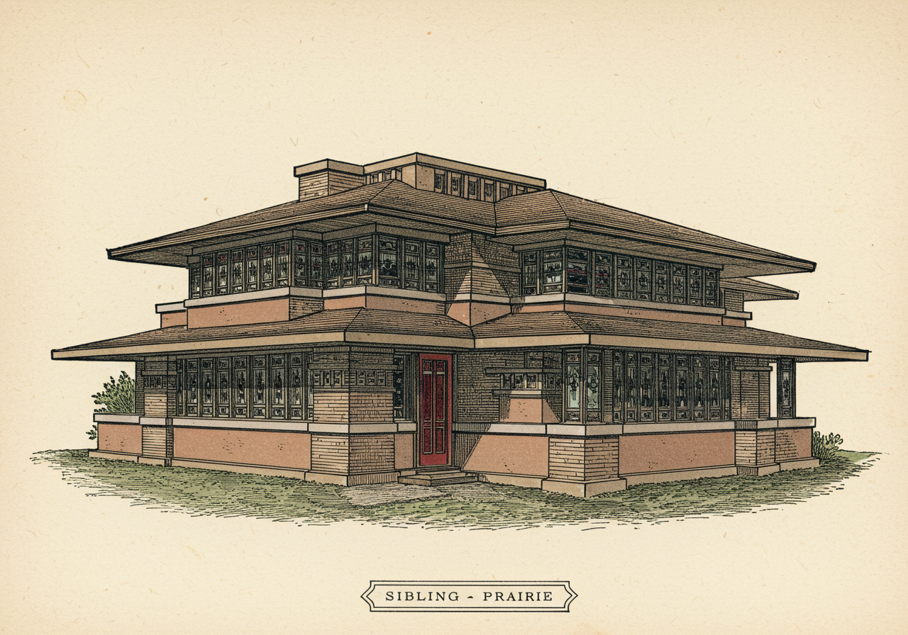 A Prairie School house by Frank Lloyd Wright or a Chicago-school follower — low horizontal massing, broad eaves, but with architect-designed precision and Midwestern rather than Western context