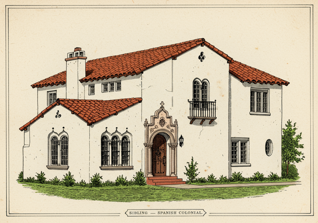 A Spanish Colonial Revival house — white stucco, terracotta tile roof, ornate carved entrance, the inter-war upper-middle commission that the Ranch descended from