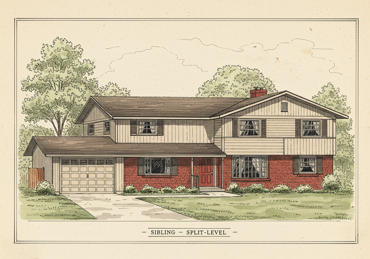 A Split-Level house — the multi-level Ranch variant of the late 1950s and 1960s, with public rooms on one level, bedrooms half-flight up, and family room half-flight down, all under the same low-pitched roof