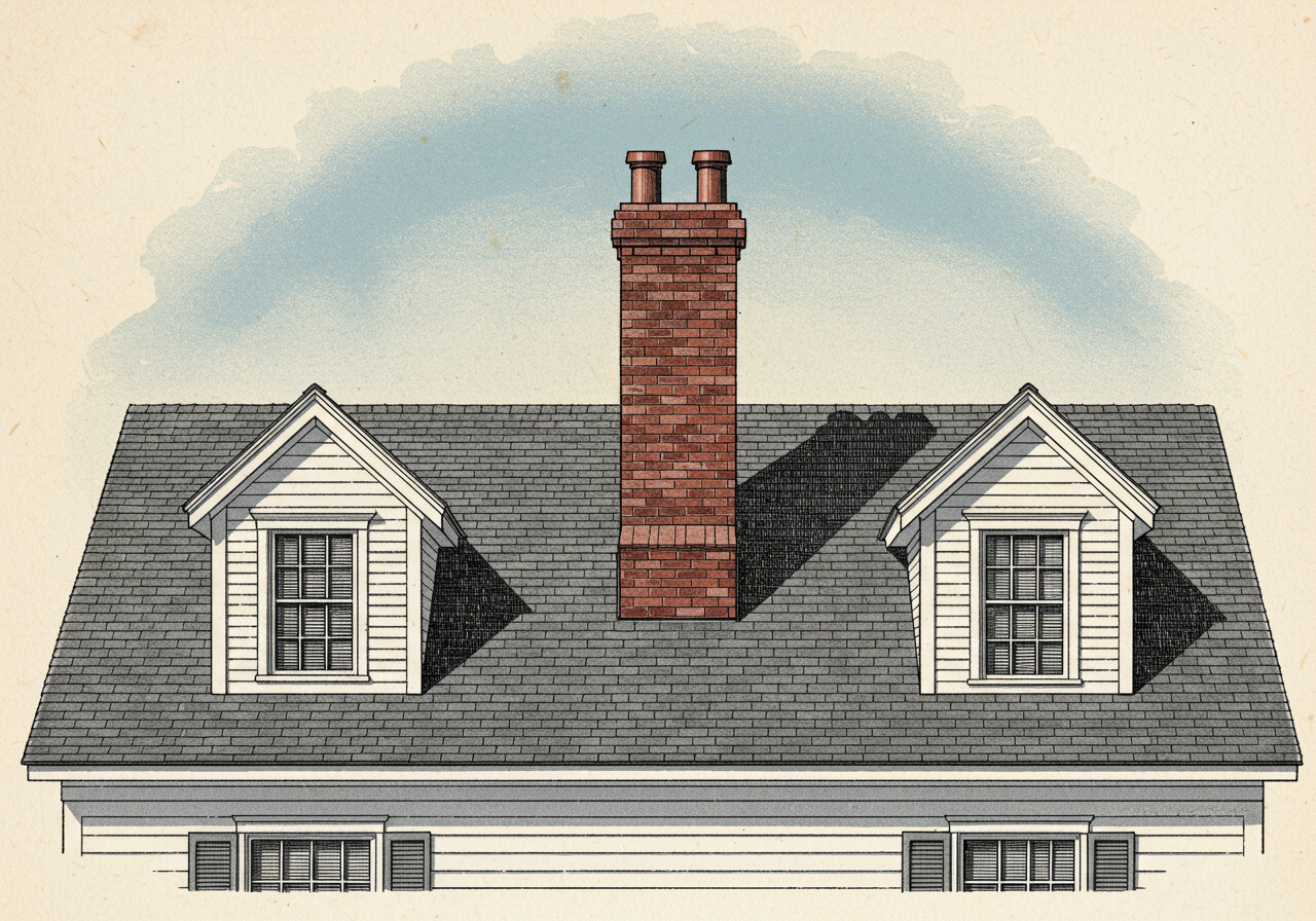 A close detail of a Cape Cod steep gable roof at forty-degree pitch with central chimney rising at the ridge, two small dormer windows interrupting the front roof slope, eaves cut close to the wall