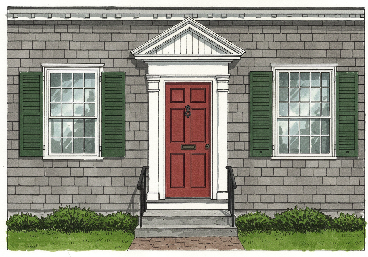 A close detail of a Cape Cod front facade — six-over-six double-hung sash windows in symmetric pairs flanking a centred front door under a simple pedimented hood, uniform wall surface in clapboard or wood shingle, narrow shutters