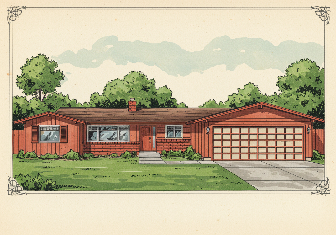 A California Ranch house — one-storey horizontal sprawl with low-pitched gable, broad eaves, mixed-material wall surface, picture window, attached two-car garage projecting forward of the front facade