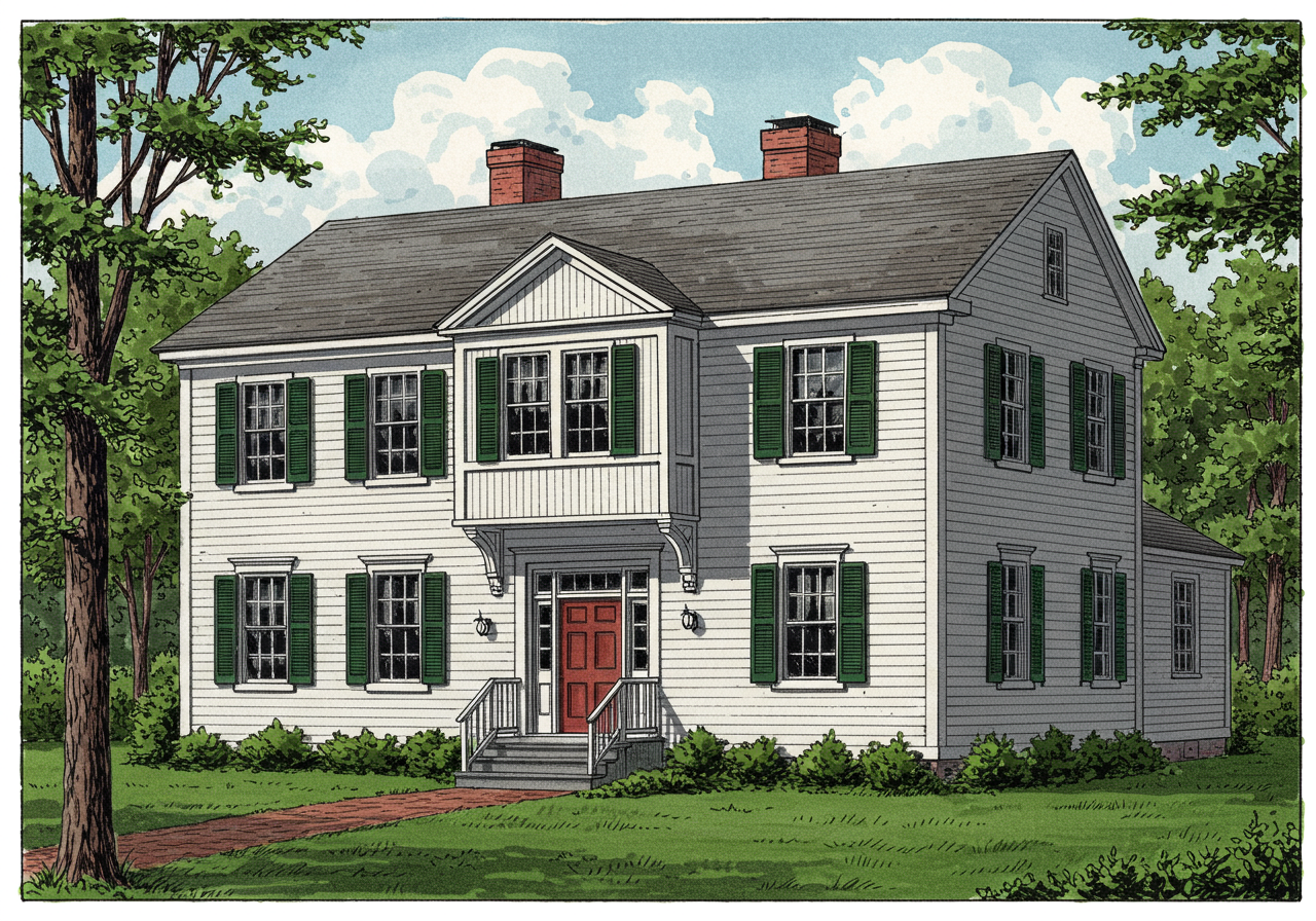 A Garrison Colonial house — two-storey symmetric colonial-revival house in which the upper storey projects forward of the lower by twelve to eighteen inches on cantilevered framing, with decorative brackets and the same six-over-six sash windows as the Cape