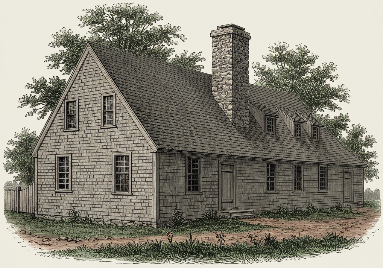 A Saltbox house — a seventeenth-century New England vernacular asymmetric cottage with a long rear roof slope continuing low to the ground over a rear lean-to extension, distinguishable from the symmetric Cape Cod at the original-vernacular level