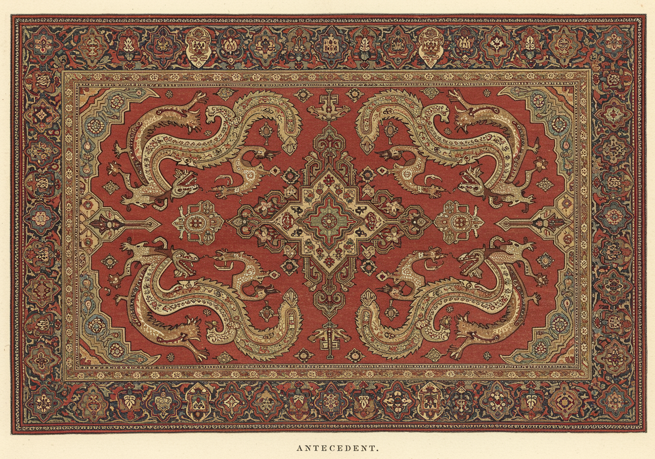 A seventeenth-century Caucasian Dragon carpet — stylised dragons rendered in palmette-and-cartouche composition on a dark red ground, in the formal Safavid court vocabulary that the later Caucasian tradition descended from