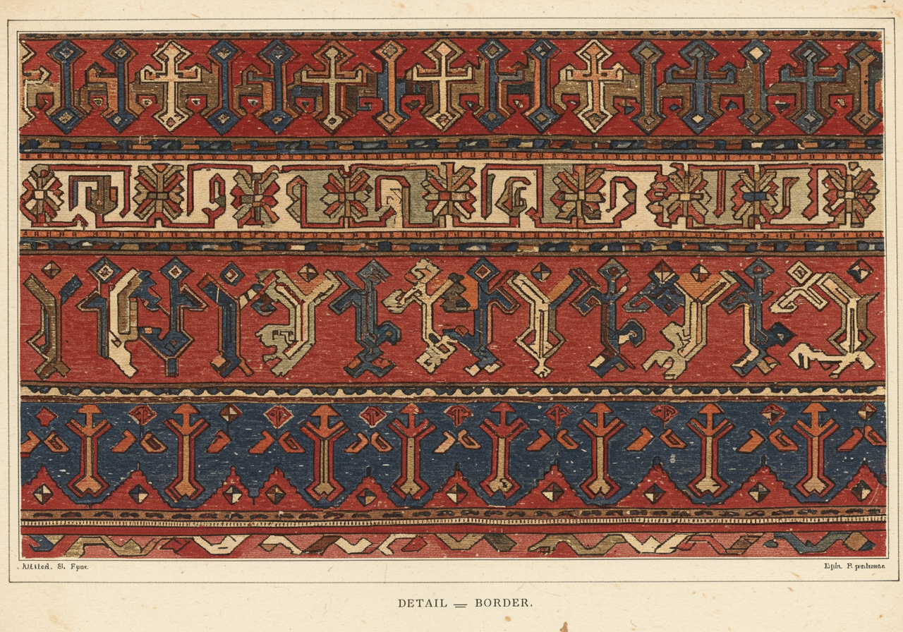A close detail of a Kazak latch-hook border — wide main border of alternating T-shaped hooks in ivory and indigo on a red ground, with a narrower guard band of further latch-hook ornament above and below