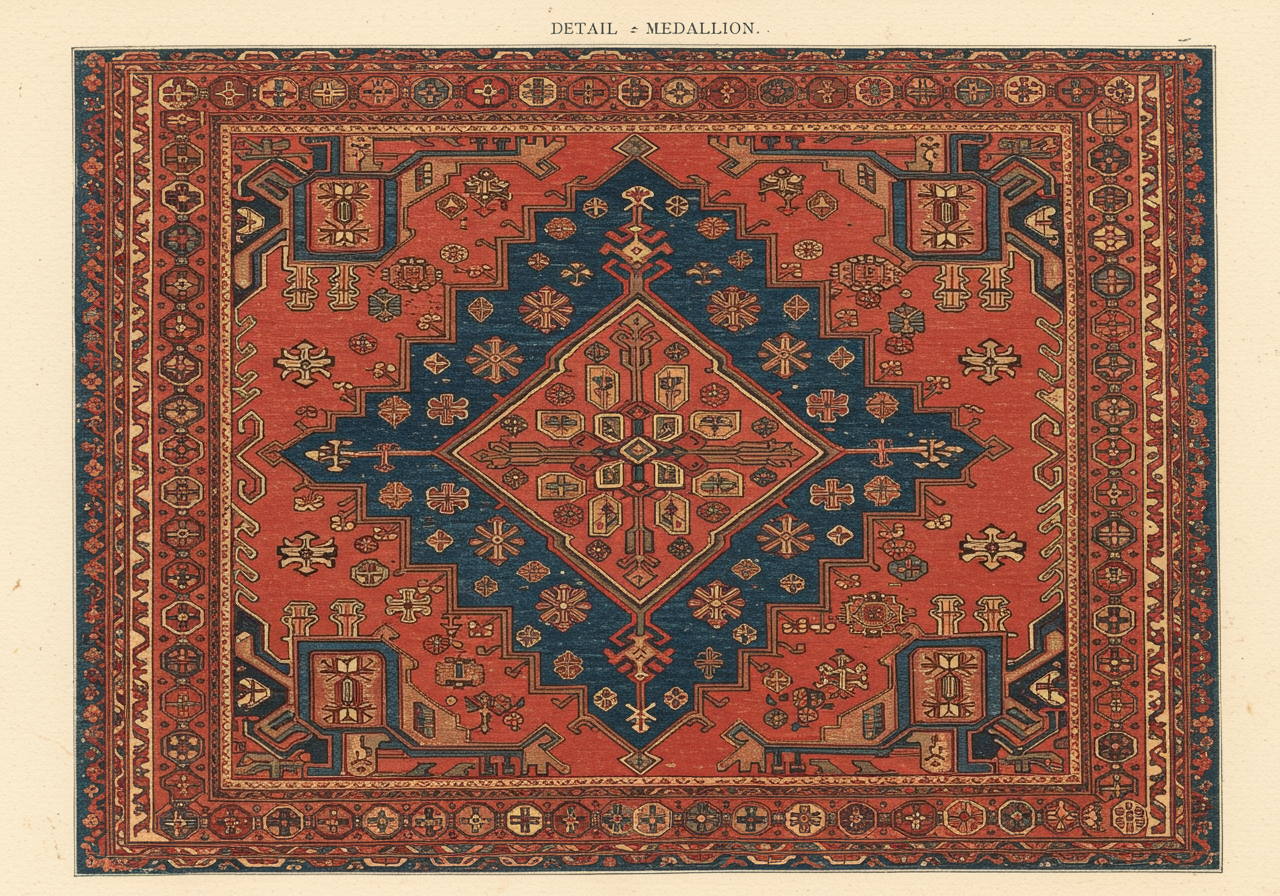 A close detail of a Karachov Kazak central medallion — a large stepped octagonal indigo shape on a saturated red field, with smaller geometric ornaments scattered around and ivory spandrels at the corners