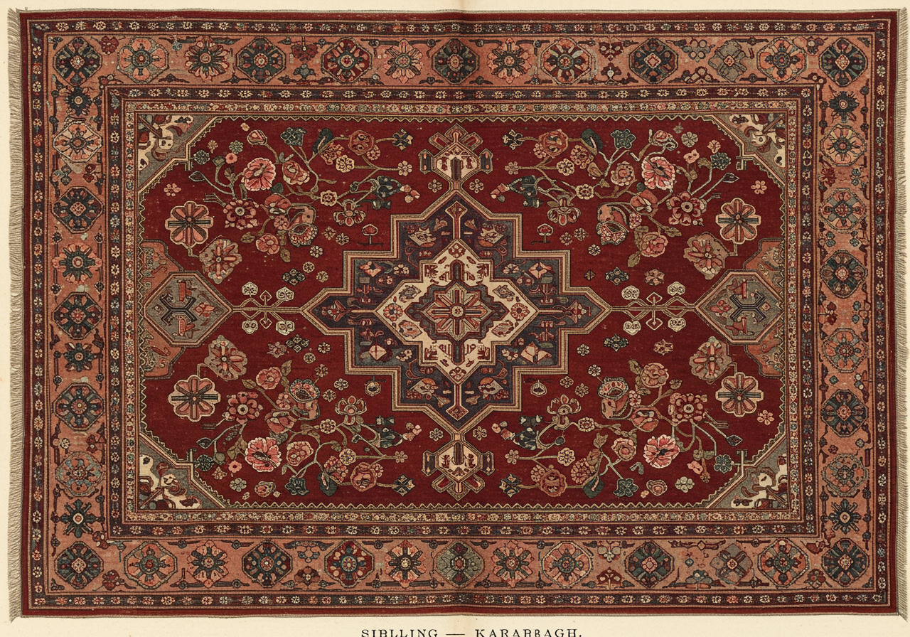 A Caucasian Karabagh rug — softer drawing than Kazak, often with French-influenced rose floral motifs in the field, finer knot count, sometimes a darker ground
