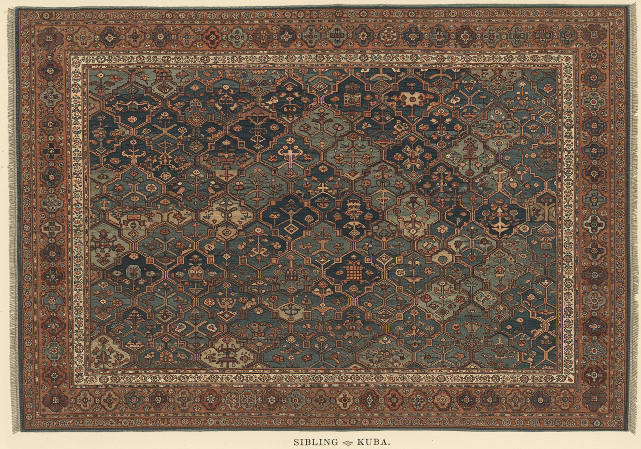 A Caucasian Kuba rug — the finer of the eastern Caucasian traditions, with allover small-pattern field design, refined drawing, generally on a darker ground than Kazak