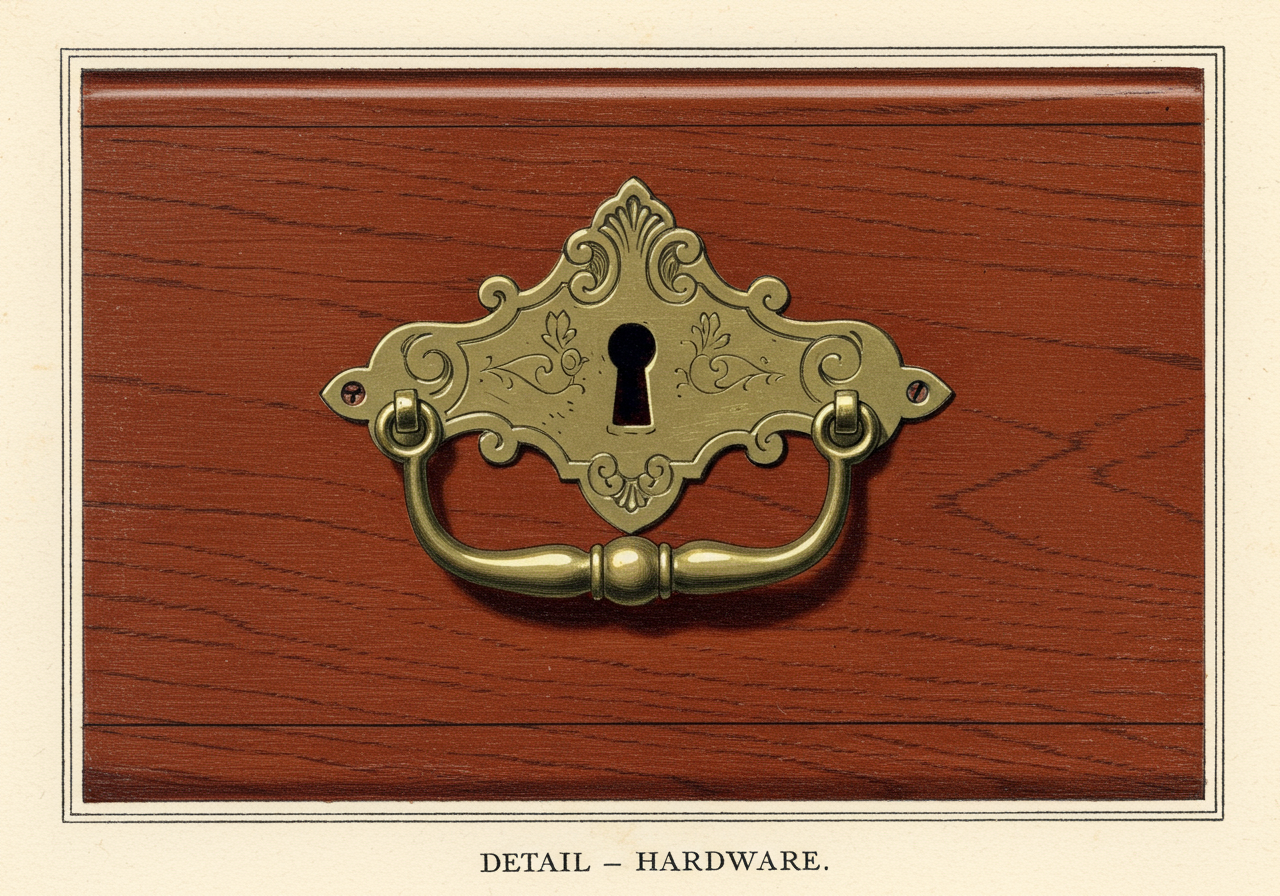 A close detail of Chippendale brass hardware — rococo-cartouche escutcheon and bail handle on a mahogany drawer front