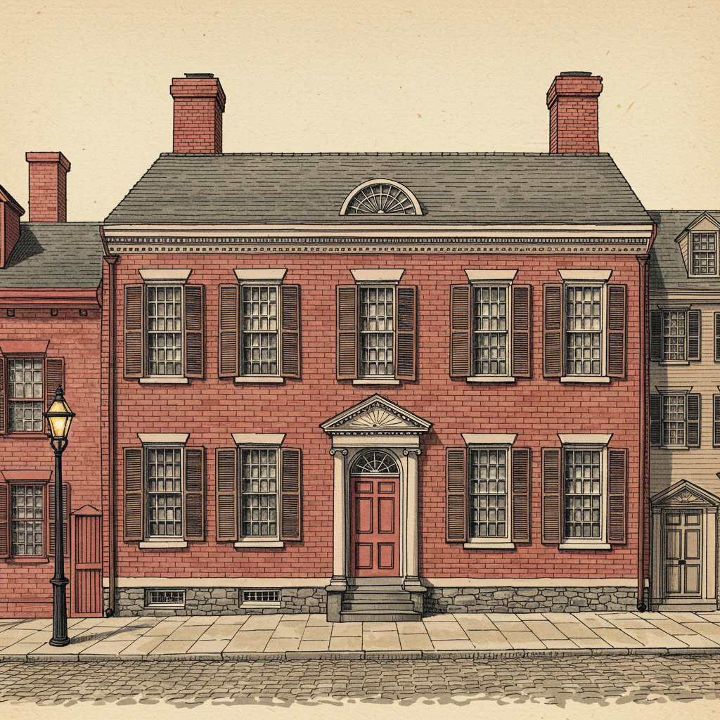 A New England Federal Adamesque townhouse, c. 1810, in red brick with central pedimented entry and Palladian fanlight