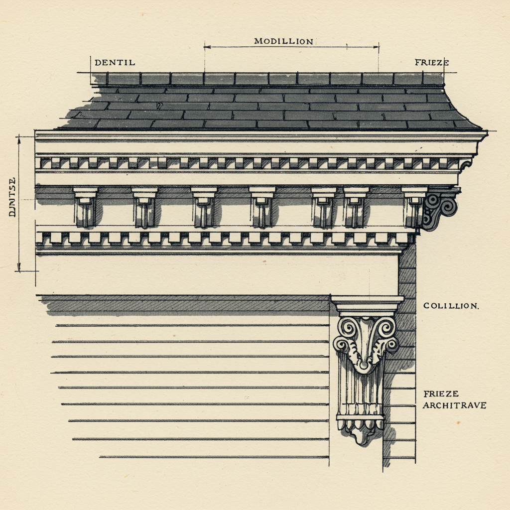 Detail of a Colonial Revival dentil cornice with modillions running along the eaveline