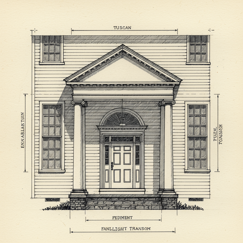 Detail of a Colonial Revival central pedimented portico with Tuscan columns and classical entablature