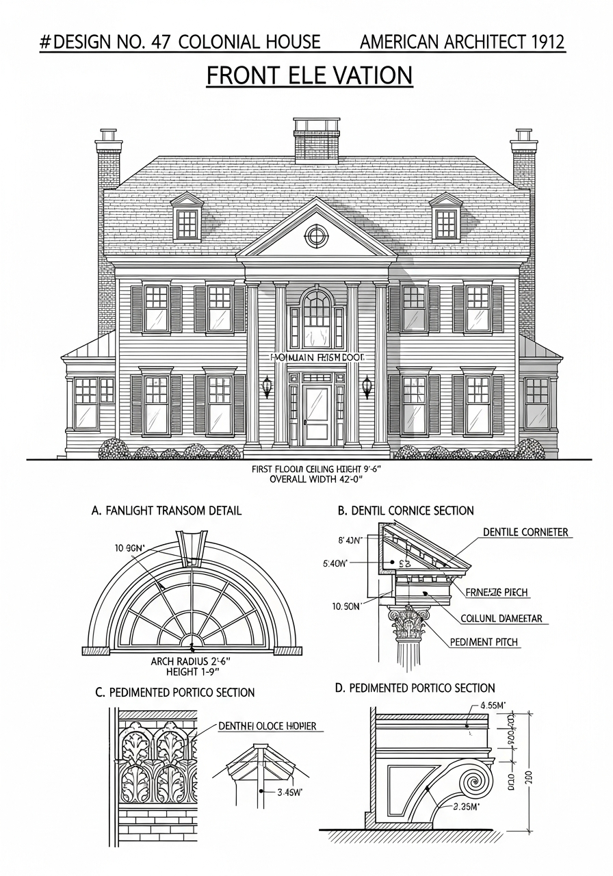 A plate from a 1910s American architectural pattern-book showing a Colonial Revival house in elevation and plan