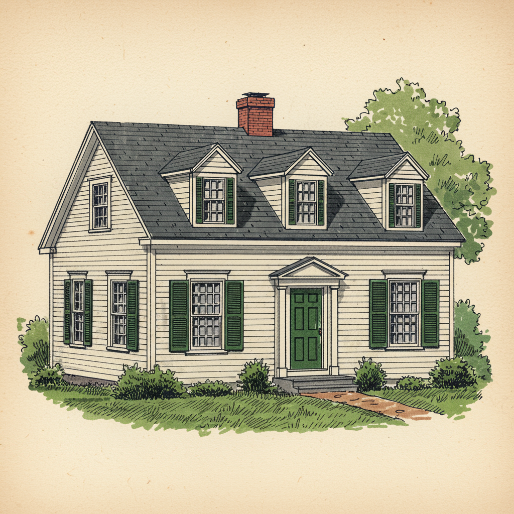 A small Cape Cod house with central chimney, side-gabled roof, and a row of small dormers