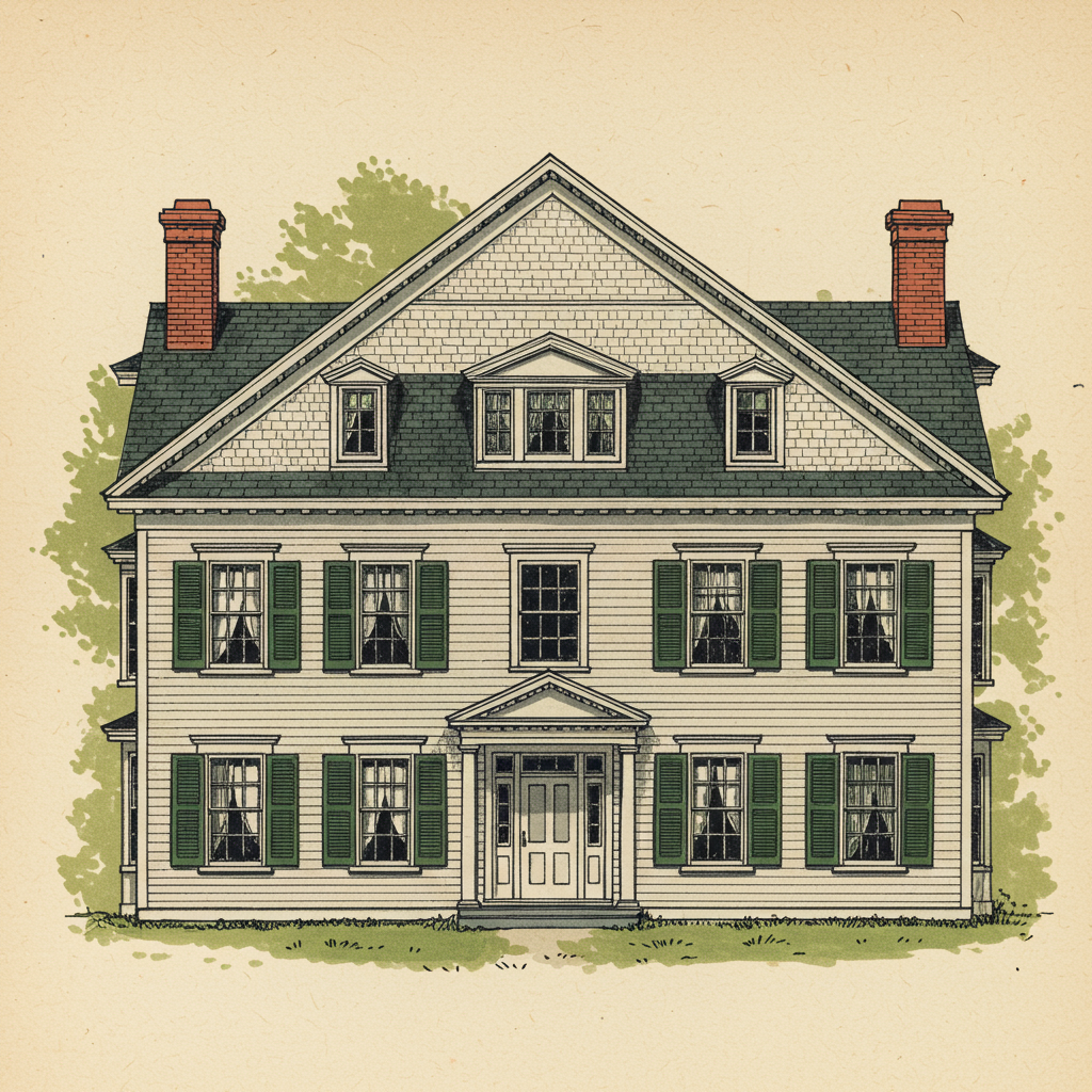 A Dutch Colonial Revival house with a gambrel roof, shed dormers, and clapboard walls