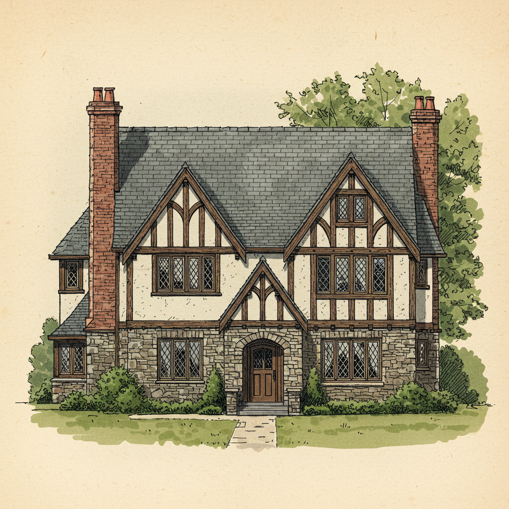 A Tudor Revival house with half-timbered upper storeys, steep roofs, and mullioned windows