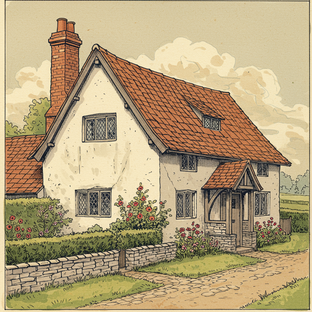 An English Arts and Crafts country cottage by Charles Voysey, c. 1898, in roughcast stucco with low-sweeping tile roof and small dormer windows