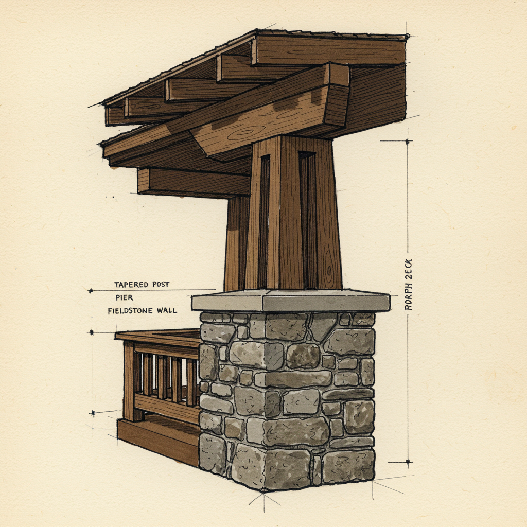 Detail of a tapered wooden porch post standing on a heavy battered stone pier with a wide porch railing wall