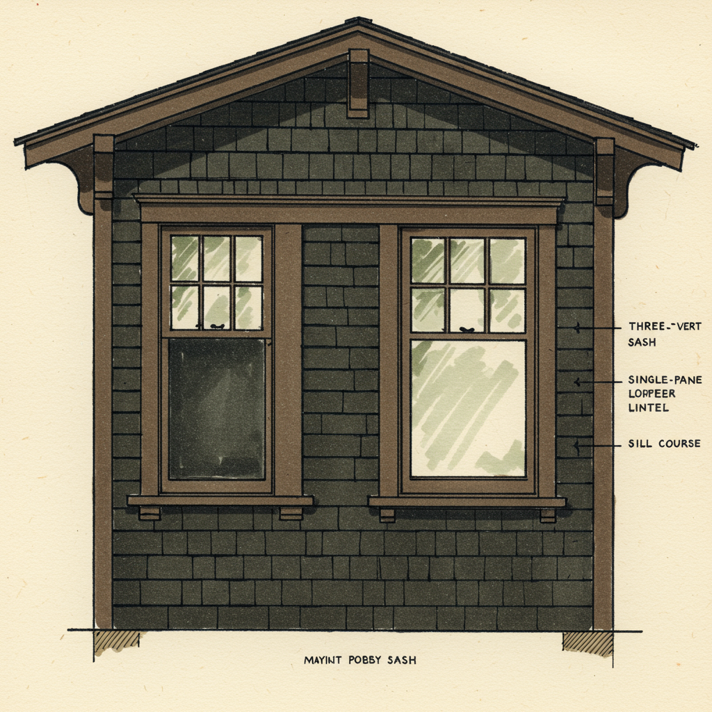 Detail of paired Craftsman windows with three-vertical-light upper sashes and single-pane lower sashes, grouped under a single lintel