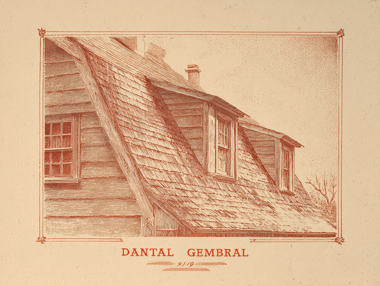 A close detail of a Dutch Colonial Revival roof — the broad double-pitched gambrel seen from near the gable end, a shallow upper slope close to the ridge giving way to a steep lower slope that drops almost vertically toward the eave, with a long shed dormer set into the front slope running nearly the full width of the house, its own low roof a continuation of the shallow upper pitch, a continuous band of windows along its face