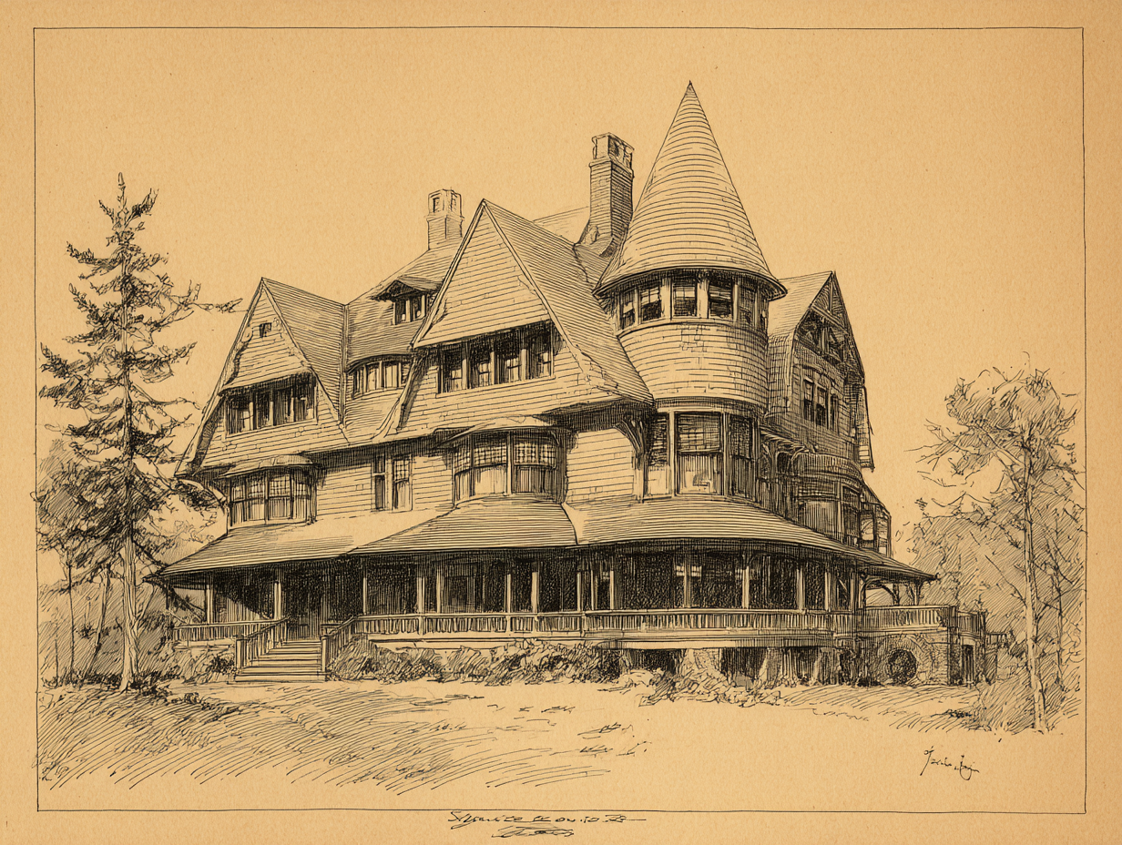 A Shingle-style house — a large, irregular, picturesque house wrapped uniformly in unpainted wood shingle, complex multi-gable massing that sometimes includes a broad gambrel as one element among many, a wide wraparound porch, deep eaves, an asymmetric composition belonging to the wealthy resort architecture of the 1880s and 1890s