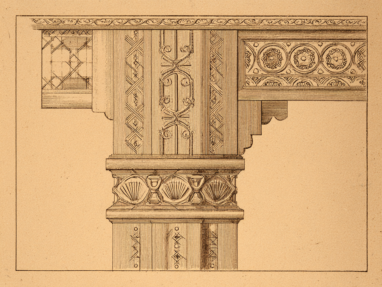 A close detail of Eastlake-register incised geometric ornament — low-relief line decoration in regular geometric patterns cut shallowly into a wooden porch post, a rosette of incised radiating lines, a course of small repeated geometric motifs along an edge