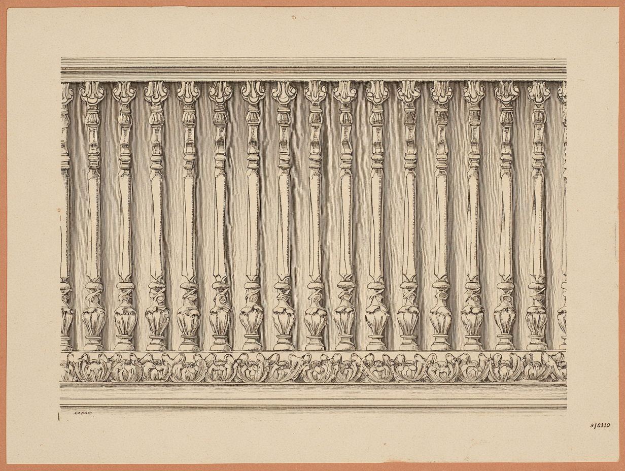 A close detail of an Eastlake spindle-work porch frieze — a continuous run of short turned dowels in regular vertical ranks, captured between an upper and a lower rail, the spindles each profiled with small bulbs and grooves, the whole forming a pierced screen between the porch posts and the porch ceiling