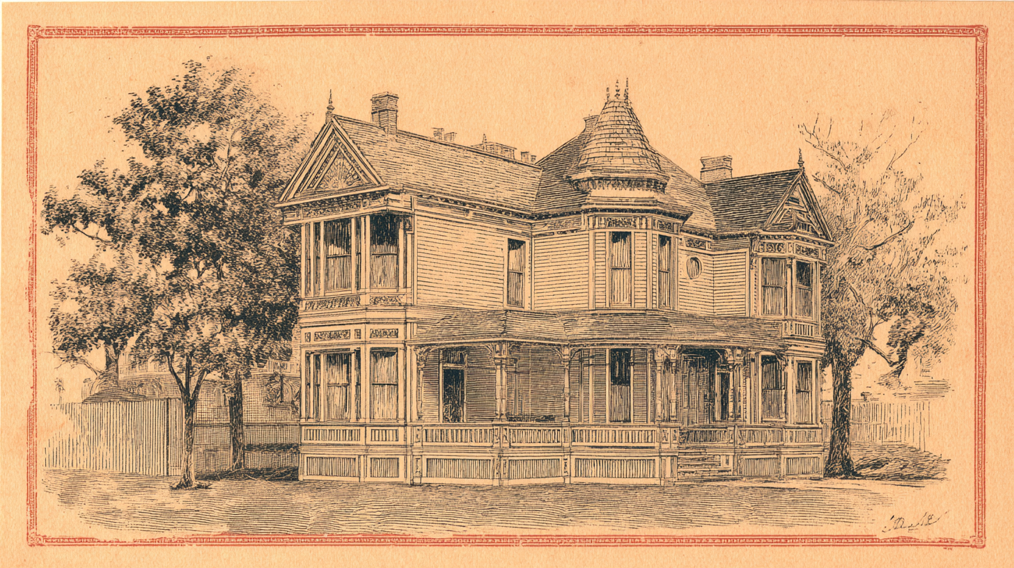 A classic Eastlake-detailed Queen Anne house, late 1880s — a corner tower with a polygonal cap, a wrap-around veranda fitted with a frieze of machine-turned spindle-work between turned posts, the porch posts and balusters carrying incised geometric ornament, the gable peak filled with a sunburst of incised spokes and a panel of low-relief geometric lines