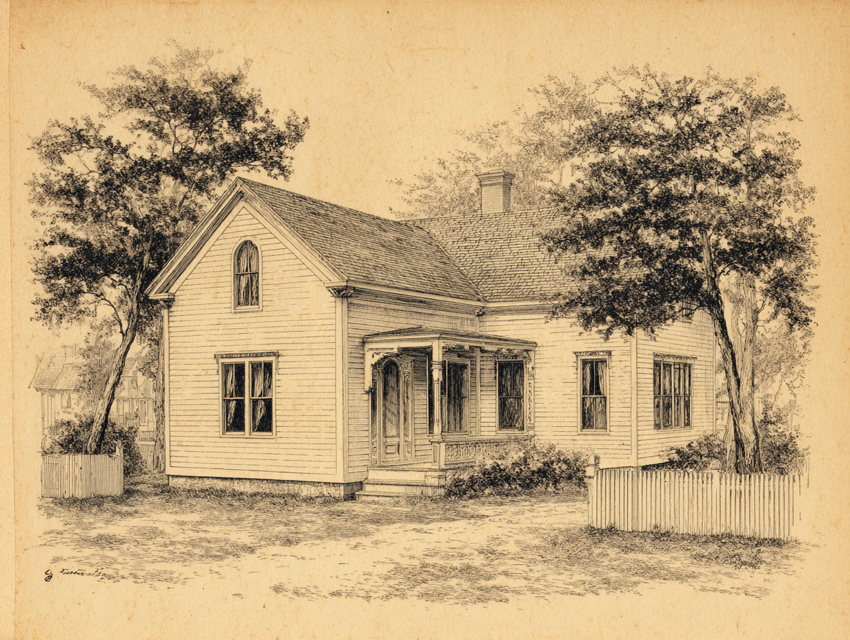 A Folk Victorian house — a plain side-gabled vernacular farmhouse with applied porch ornament (turned posts, sawn balusters, a spindle-work frieze) bought from the same mill catalogues as the high-style Queen Annes and nailed onto an otherwise ornamentless vernacular plan