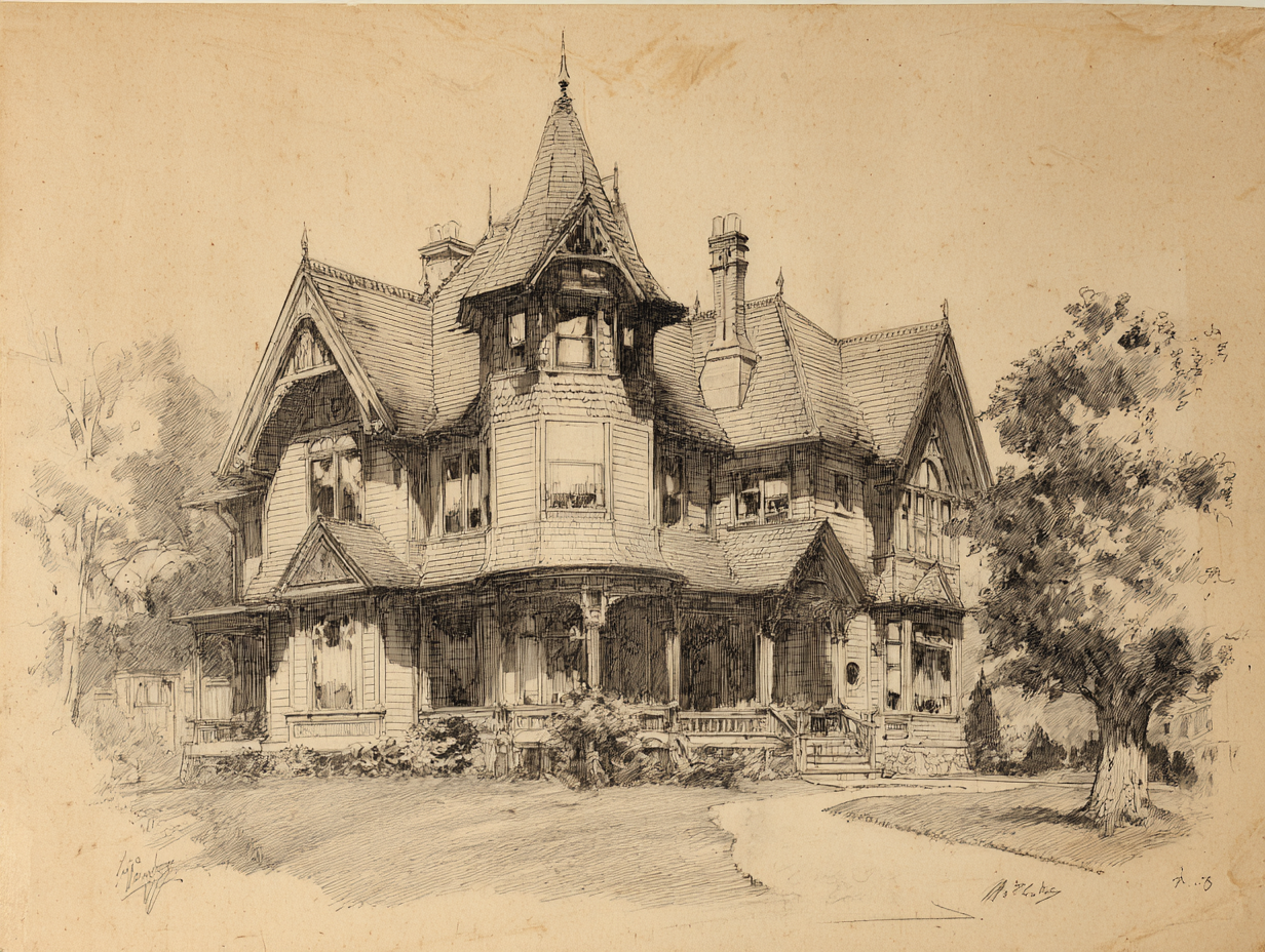 A Queen Anne house — irregular two- or three-storey wooden mass, a corner conical-roofed turret, three wall textures on one elevation (clapboard below, fish-scale shingle above, sawn panel at the gable peak), a wrap-around veranda with spindle-work, polychrome paint in three or four colours