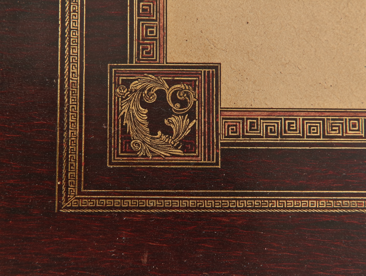 A close detail of Regency brass inlay on rosewood — Greek-key border or laurel-wreath Buhl-work