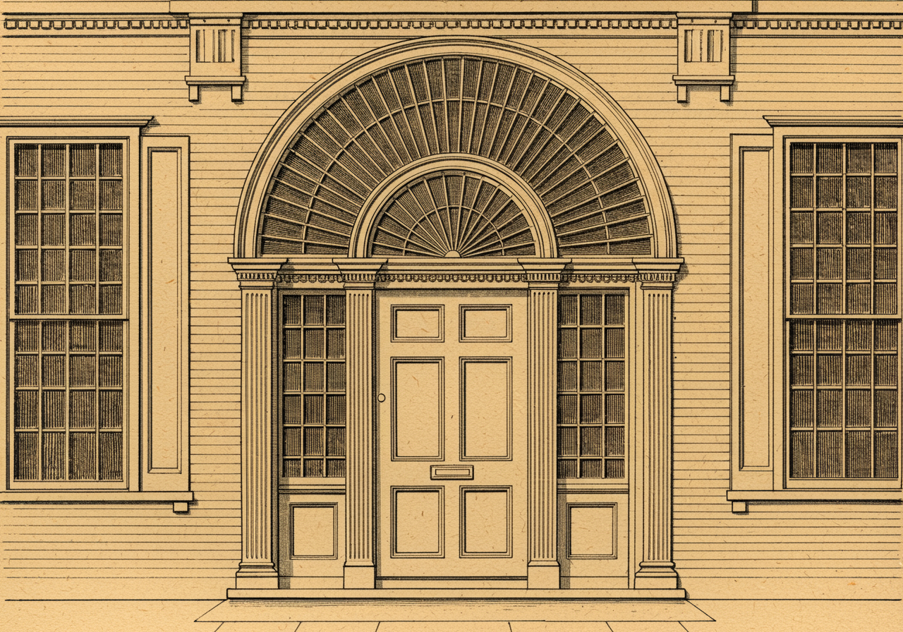 A close detail of a Federal front entrance — a panelled door set beneath a semicircular fanlight with delicate radiating wooden muntins arranged like the spokes of a fan, flanked on either side by narrow vertical sidelights, the whole framed by slender attenuated pilasters carrying a thin moulded entablature