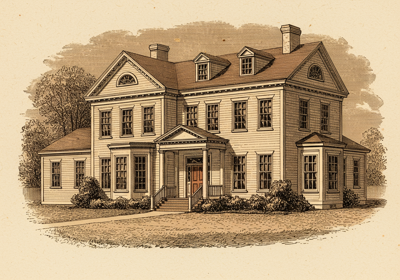 A Colonial Revival house — a symmetrical multi-bay front recalling the Federal and Georgian, but larger in scale, with broader windows, a more emphatic and freely combined assortment of fanlights, Palladian windows, columned porticoes, and dormers, machine-made and crisply regular, built on a turn-of-the-twentieth-century suburban scale