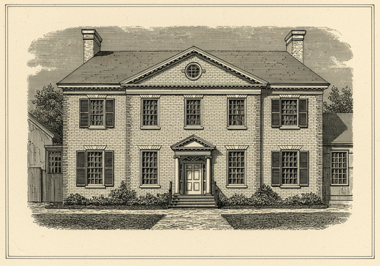 A Georgian Colonial house — a symmetrical five-bay brick or clapboard front, two storeys under a side-gabled or hipped roof, but with bolder and heavier classical detail: a robustly framed front door under a triangular or segmental pediment on thick consoles, deep projecting cornices, quoins at the corners, the ornament carved in high relief and full body