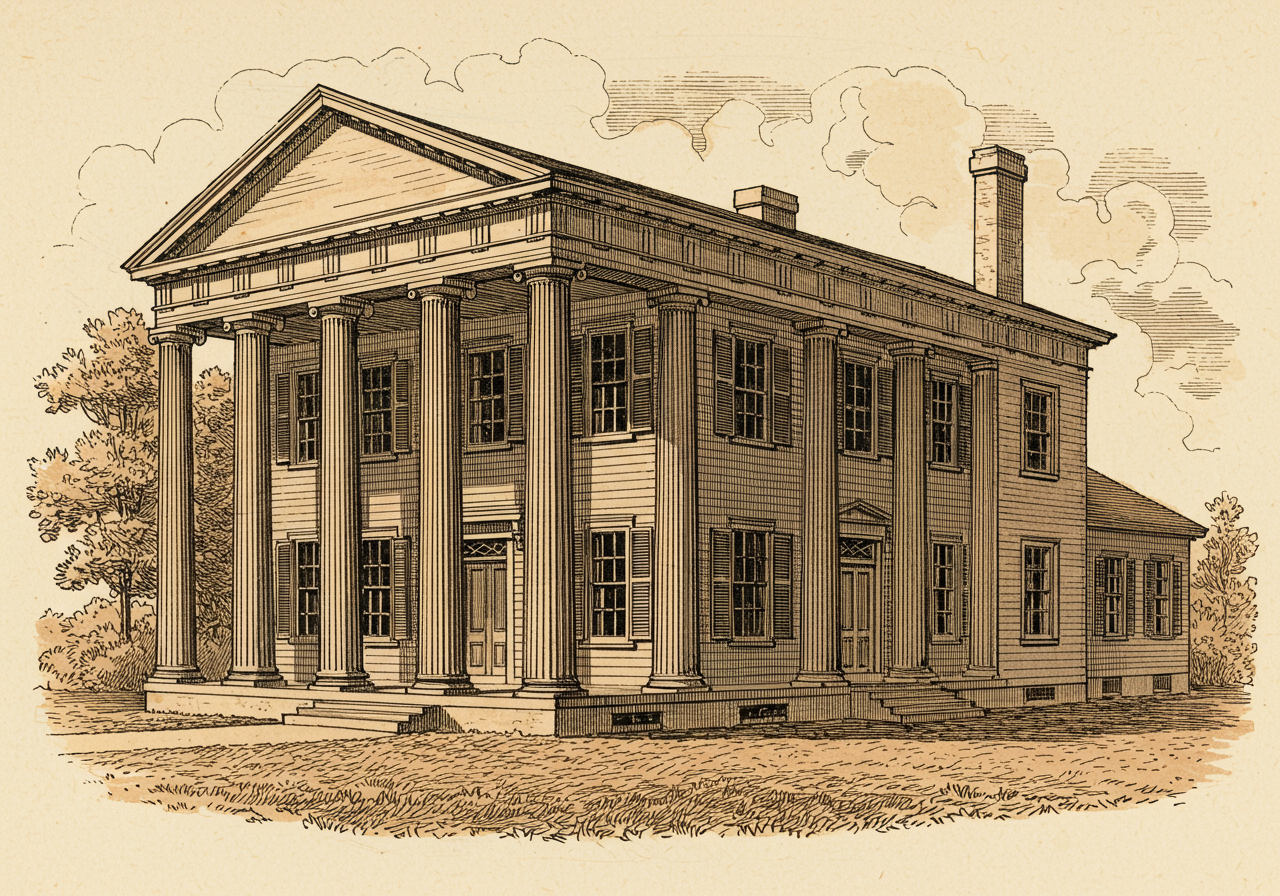 A Greek Revival house — a symmetrical front dominated by a full-height portico of heavy fluted columns carrying a broad triangular pediment, the whole composed as a Greek temple front, with bold simple mouldings, a wide unadorned frieze band, and the gable end frequently turned to face the street