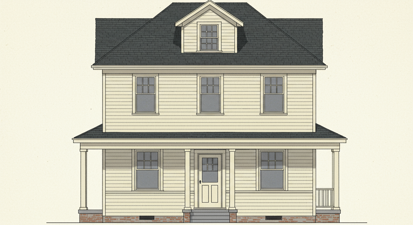 The symmetric double-hung sash window arrangement of a Foursquare's principal facade, with three identical sashes across the second storey above two pairs flanking the central entrance below